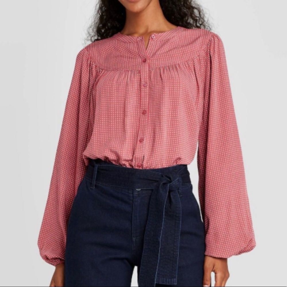 A New Day - Pink & White Polka Dot Balloon Sleeve Blouse